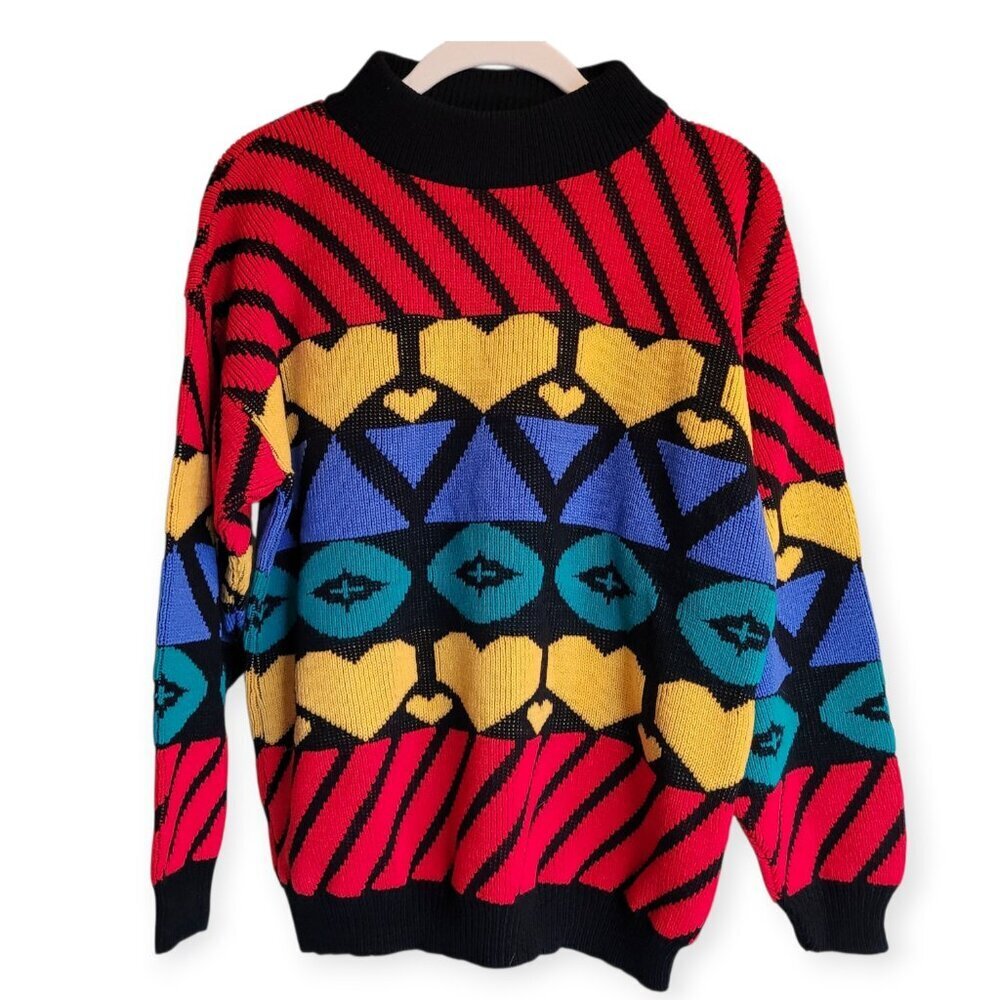 Vintage 90s Adele Knitwear Heart Geometric Statement Sweater Made USA Medium - Picture 3 of 8